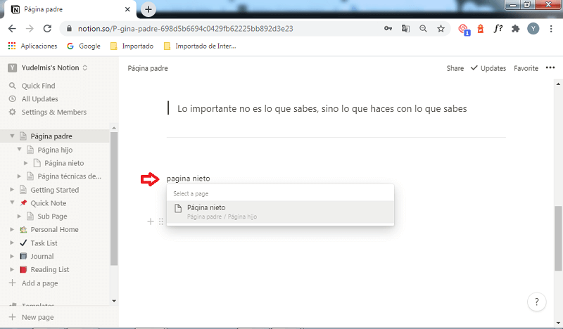 Bloques básicos en Notion: Link to page